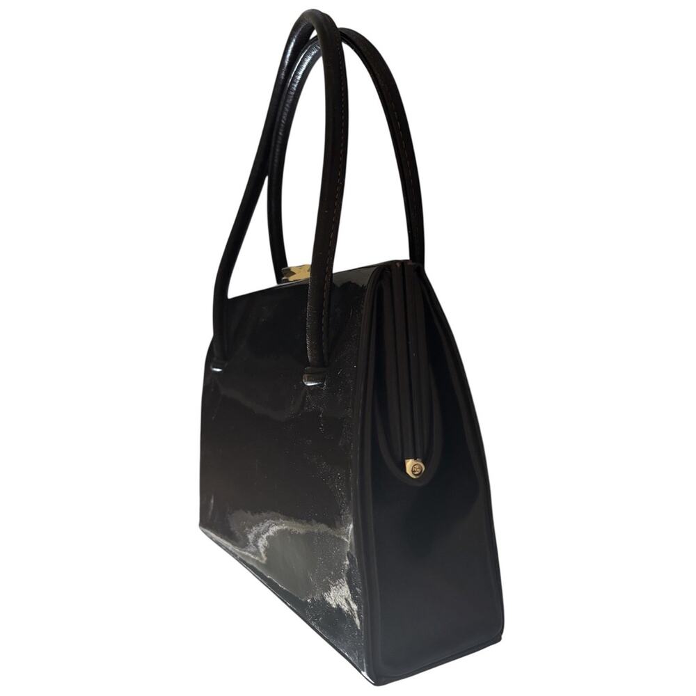 Waldybag Classic Dainty Dark Chestnut Brown Patent Leather Top Handles Bag 1950s - Picture 5 of 13